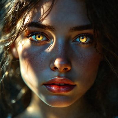 The primary subject of the image is a woman with red eyes, who is looking directly at the camera. She has a unique and striking appearance, with her eyes being the most prominent feature. The setting is a dark room, which adds to the overall mood of the image. The visual style is a close-up portrait, capturing the woman's unique features and expression. The colors in the image are predominantly dark, with the red eyes being the only noticeable color, creating a dramatic and mysterious atmosphere.